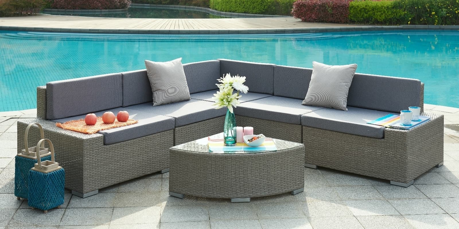 0014184 valencia aluminum frame sectional outdoor sofa set with quarter round coffee table